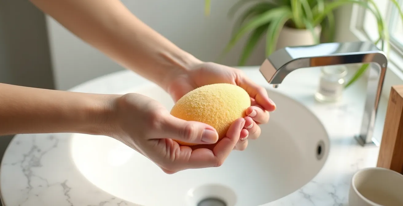Mani femminili che tengono delicatamente una spugna konjac naturale bagnata