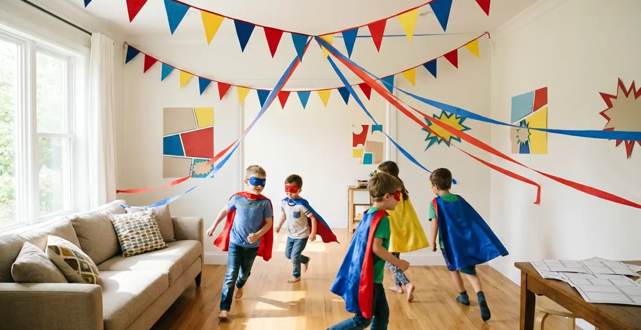 Festa a tema supereroi fai da te con bambini che giocano e decorazioni colorate