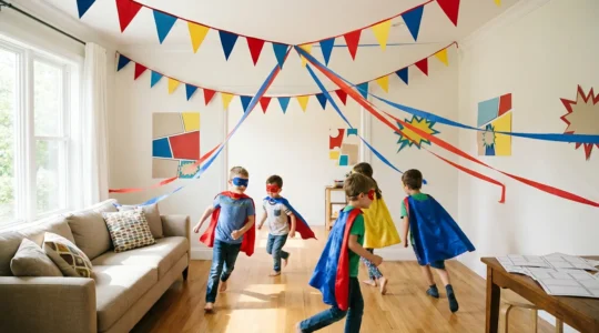 Festa a tema supereroi fai da te con bambini che giocano e decorazioni colorate