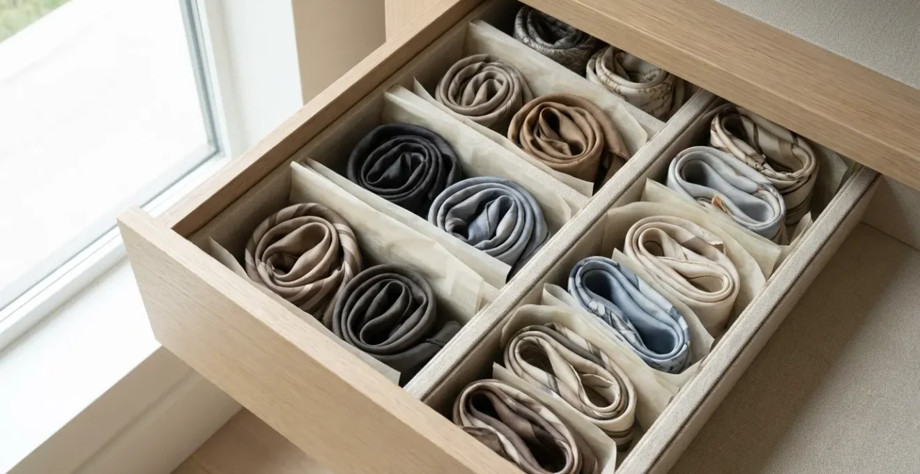 Cassetto elegante con foulard di seta arrotolati e organizzati con carta velina