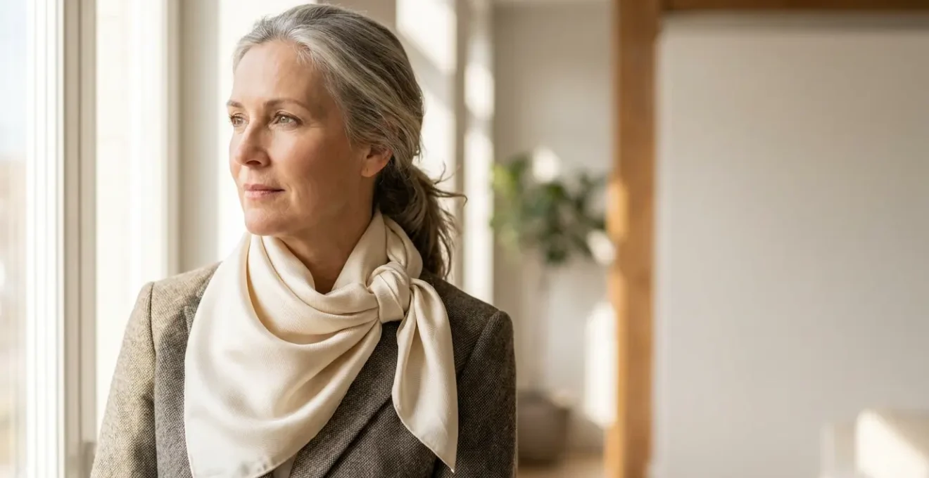 Donna elegante con foulard di seta color avorio annodato al collo