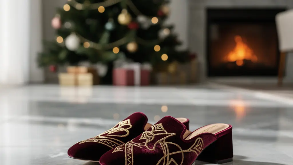 Eleganti friulane in velluto bordeaux come calzature da casa per Natale