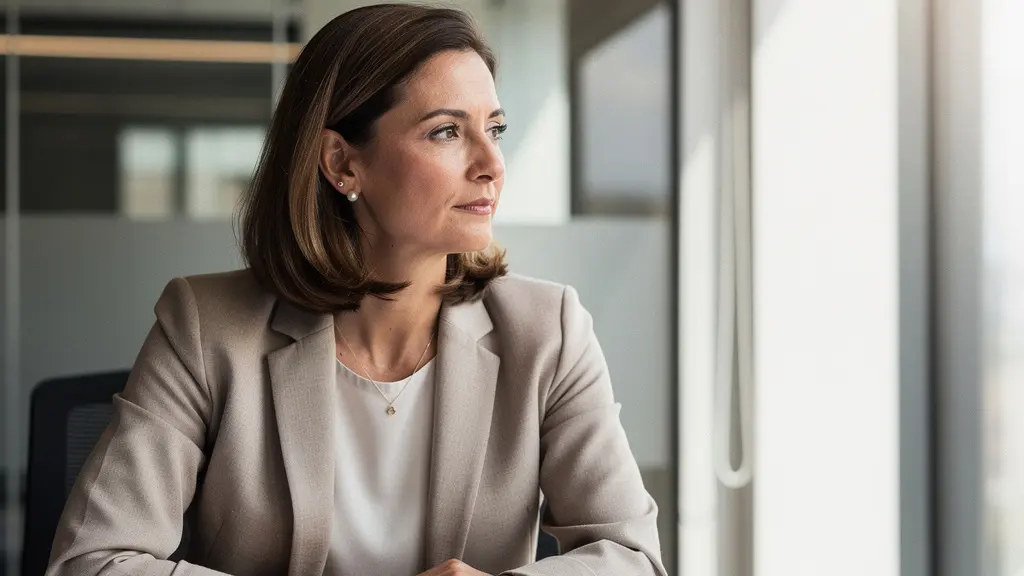 Donna d'affari con gioielli minimalisti e discreti in un ambiente professionale moderno