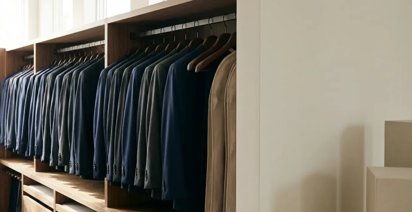 Armadio elegante con abiti formali di alta qualità appesi con cura, illuminazione naturale che evidenzia i tessuti pregiati