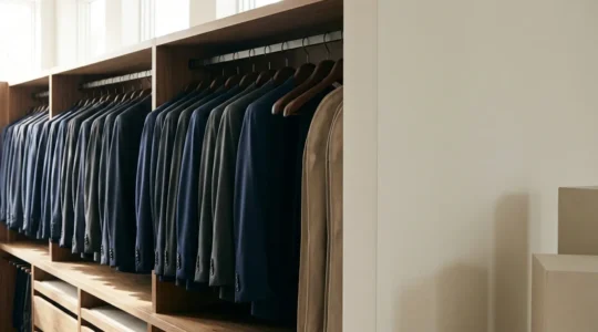 Armadio elegante con abiti formali di alta qualità appesi con cura, illuminazione naturale che evidenzia i tessuti pregiati