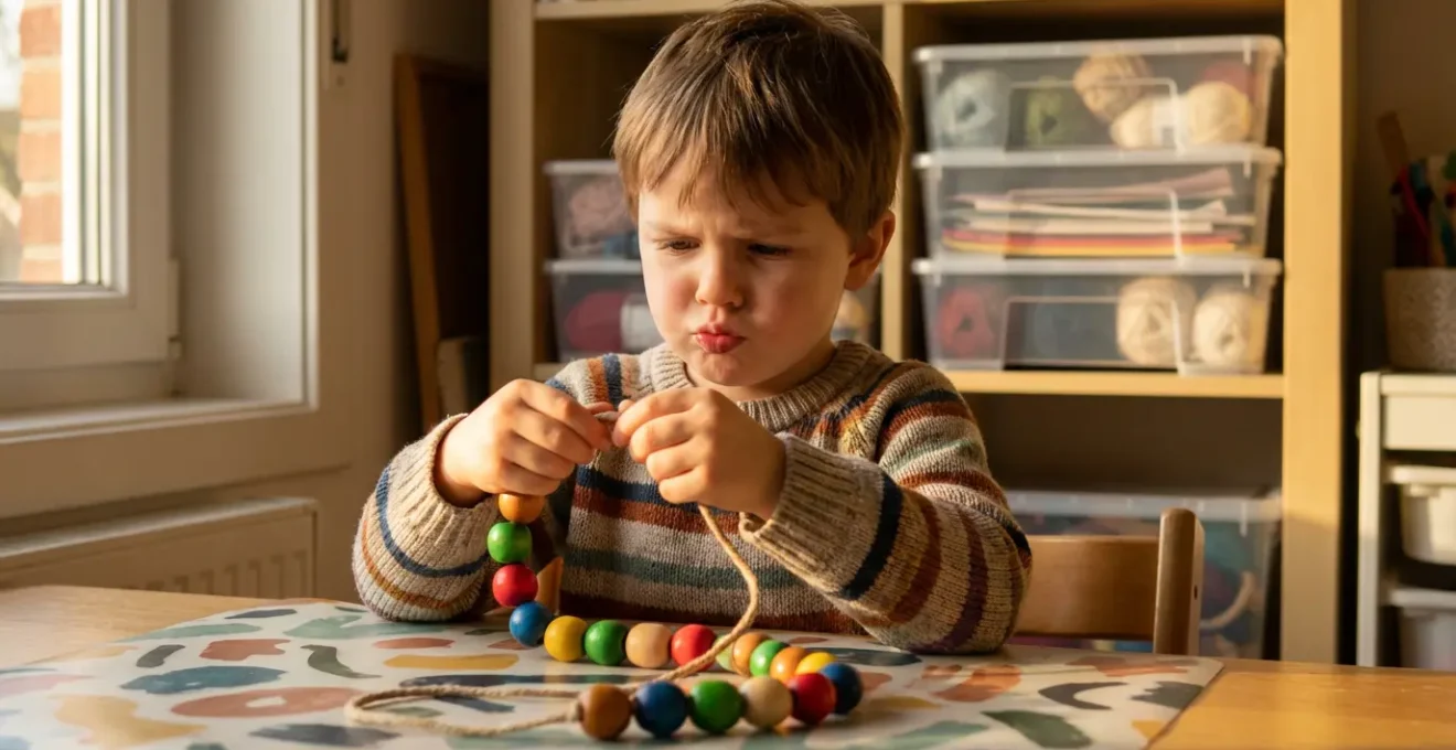 Bambino concentrato mentre lavora con kit creativo colorato su tavolo protetto