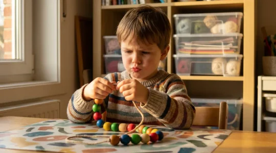 Bambino concentrato mentre lavora con kit creativo colorato su tavolo protetto