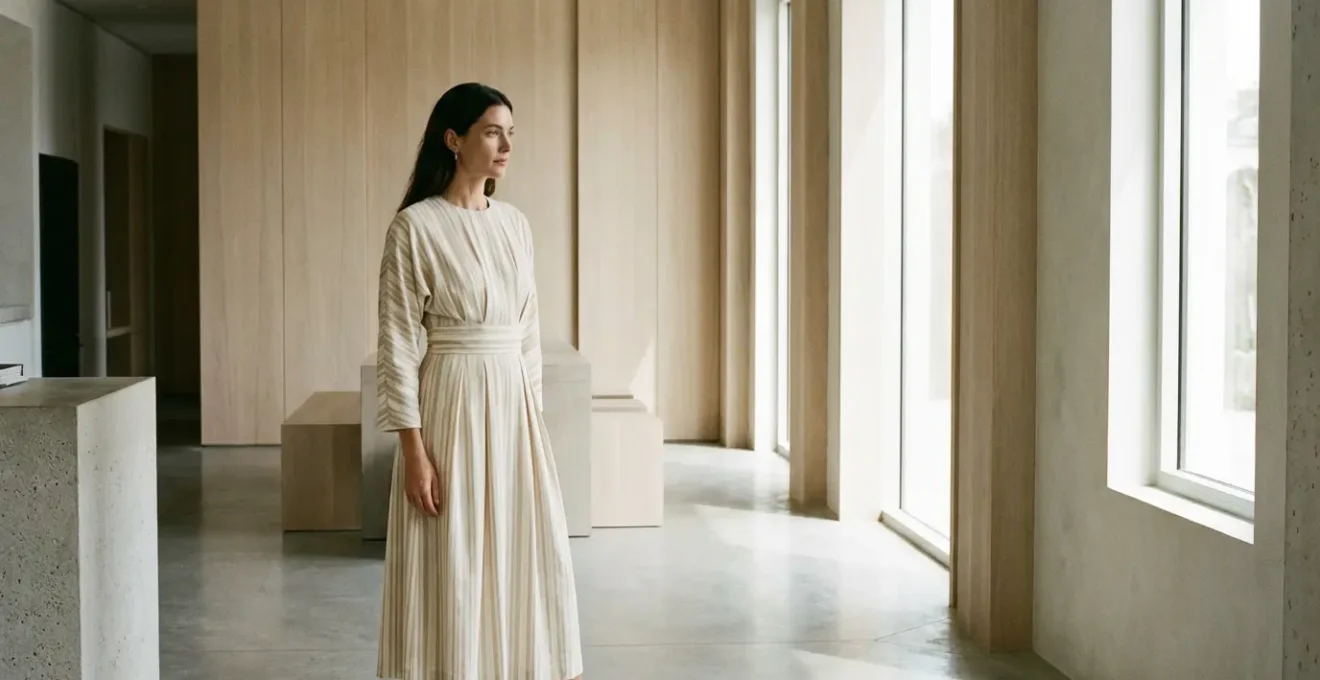 Donna elegante con abito a righe verticali che valorizza la silhouette in ambiente minimalista