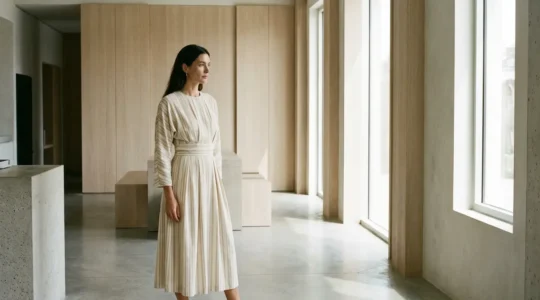 Donna elegante con abito a righe verticali che valorizza la silhouette in ambiente minimalista