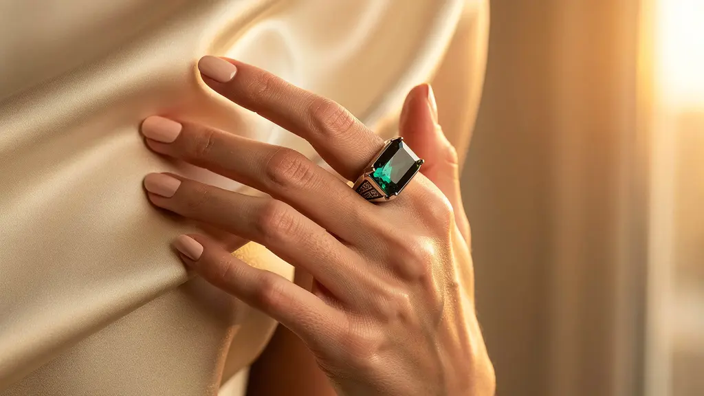 Mano femminile elegante con anello cocktail vistoso illuminato da luce naturale dorata