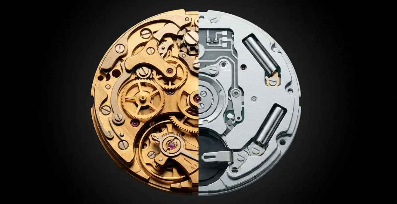 Vista del movimento interno di un cronografo automatico con ingranaggi e ruota a colonne visibili