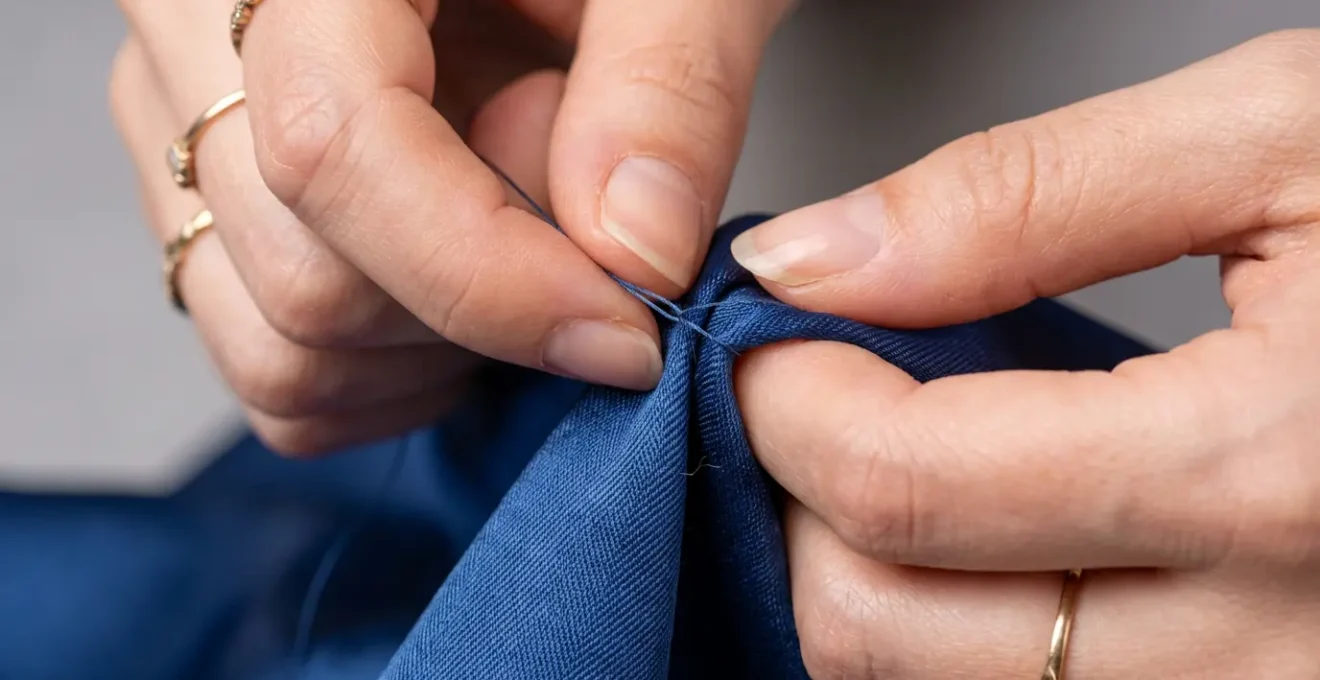 Dettaglio ravvicinato di mani che creano un nodo di ancoraggio su foulard di seta