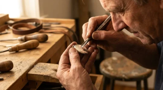 Mani artigiane che incidono delicatamente una dedica su un oggetto prezioso con strumenti tradizionali
