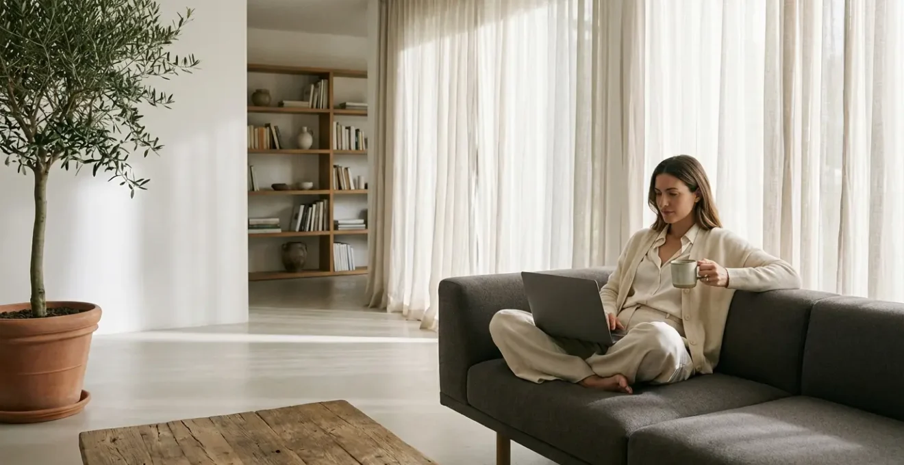 Donna in elegante loungewear mentre lavora da casa con laptop e tazza di caffè