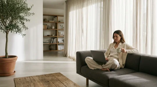 Donna in elegante loungewear mentre lavora da casa con laptop e tazza di caffè