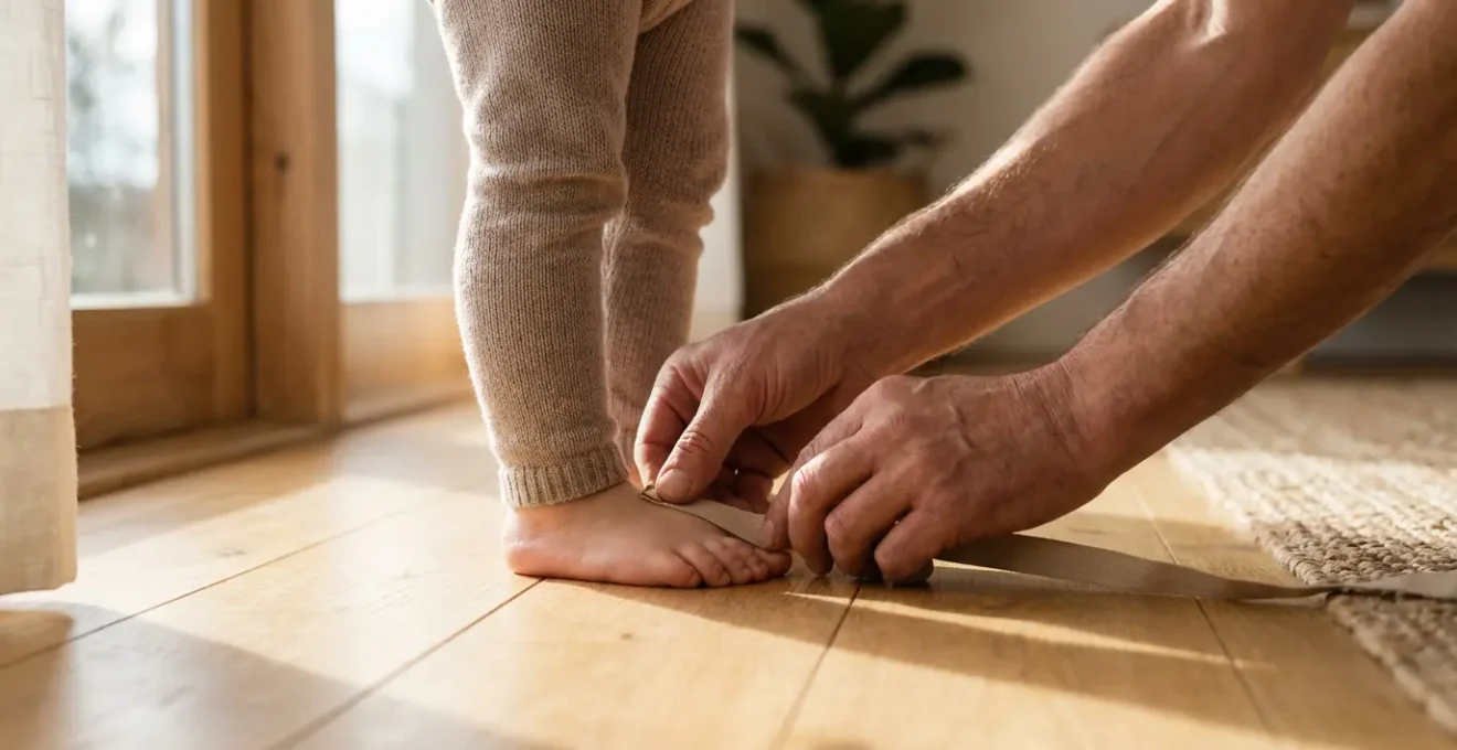 Mani che misurano delicatamente il piedino di un bambino con un metro