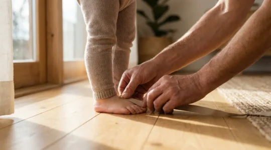 Mani che misurano delicatamente il piedino di un bambino con un metro