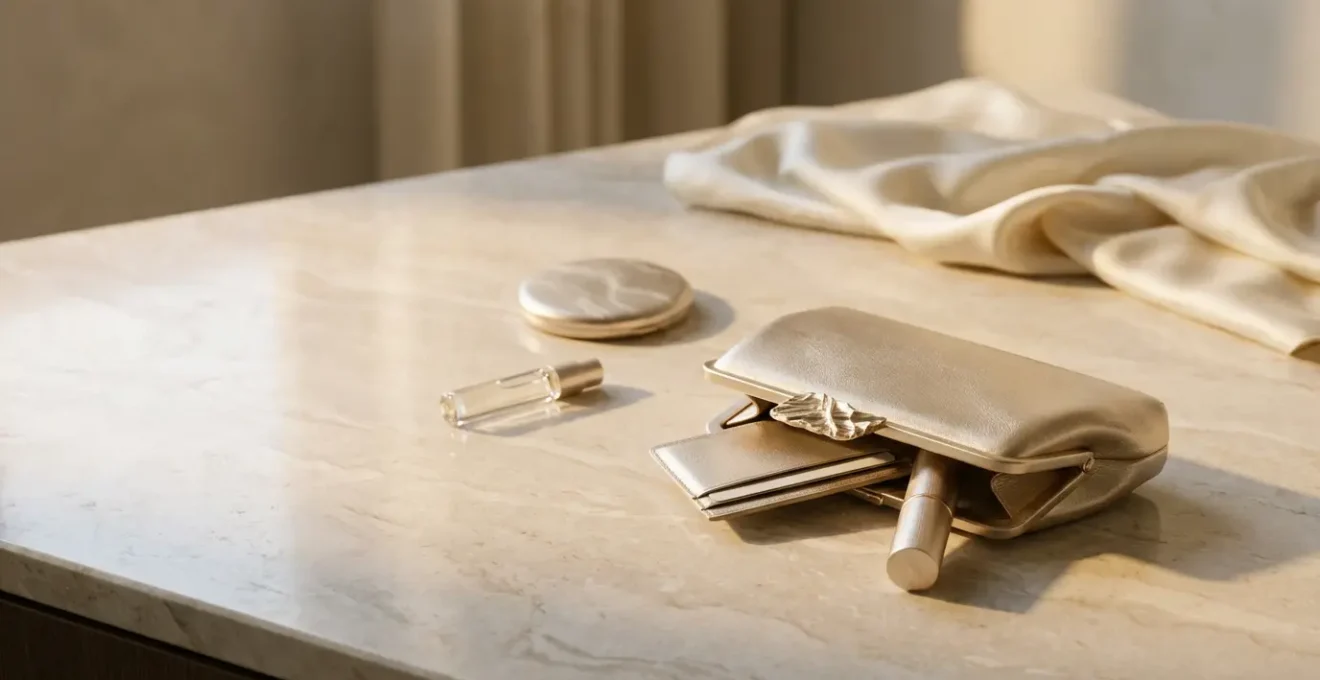 Pochette minuscola per cerimonia con accessori essenziali disposti con eleganza