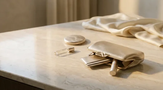 Pochette minuscola per cerimonia con accessori essenziali disposti con eleganza