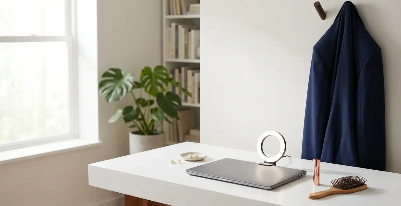 Scrivania organizzata con blazer su appendiabiti, accessori e ring light per videochiamate