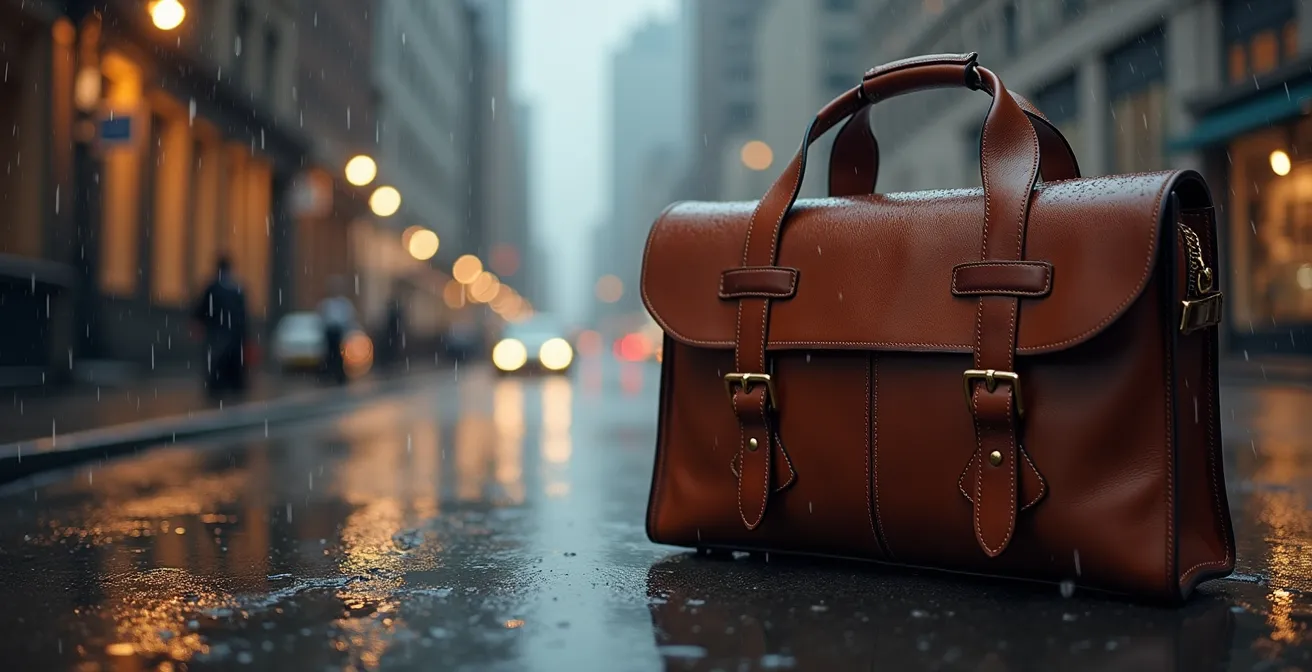 Borsa in cuoio protetta dalla pioggia in ambiente urbano