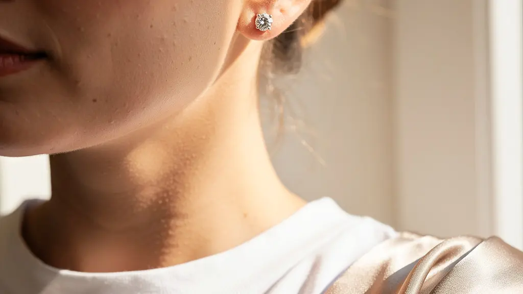 Orecchini punto luce di diamanti indossati da donna elegante su sfondo neutro