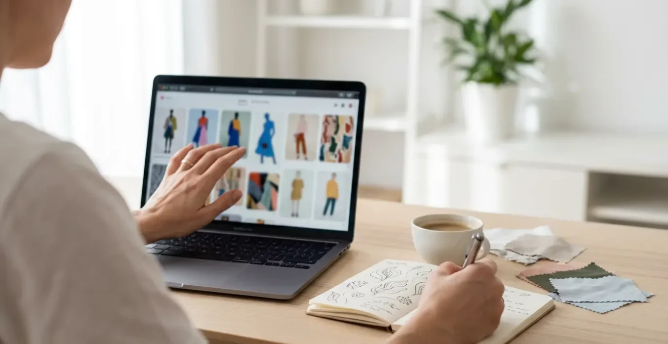 Vista laterale di una persona che organizza immagini su Pinterest per creare una moodboard di stile