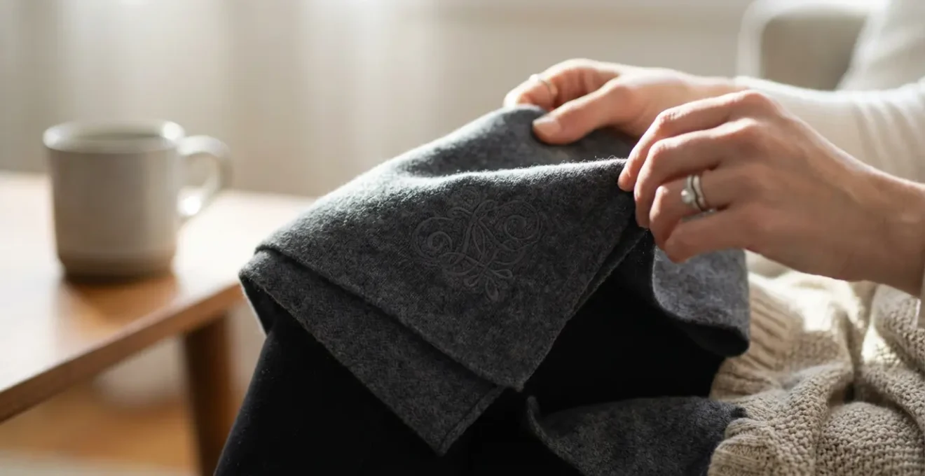 Dettaglio di monogramma ricamato tono su tono su sciarpa di cashmere grigia