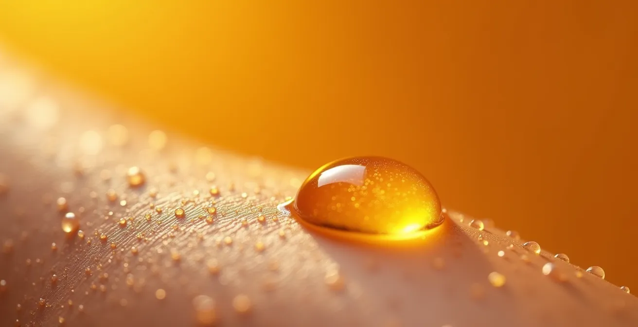 Texture macro di siero antiossidante dorato su pelle con riflessi luminosi