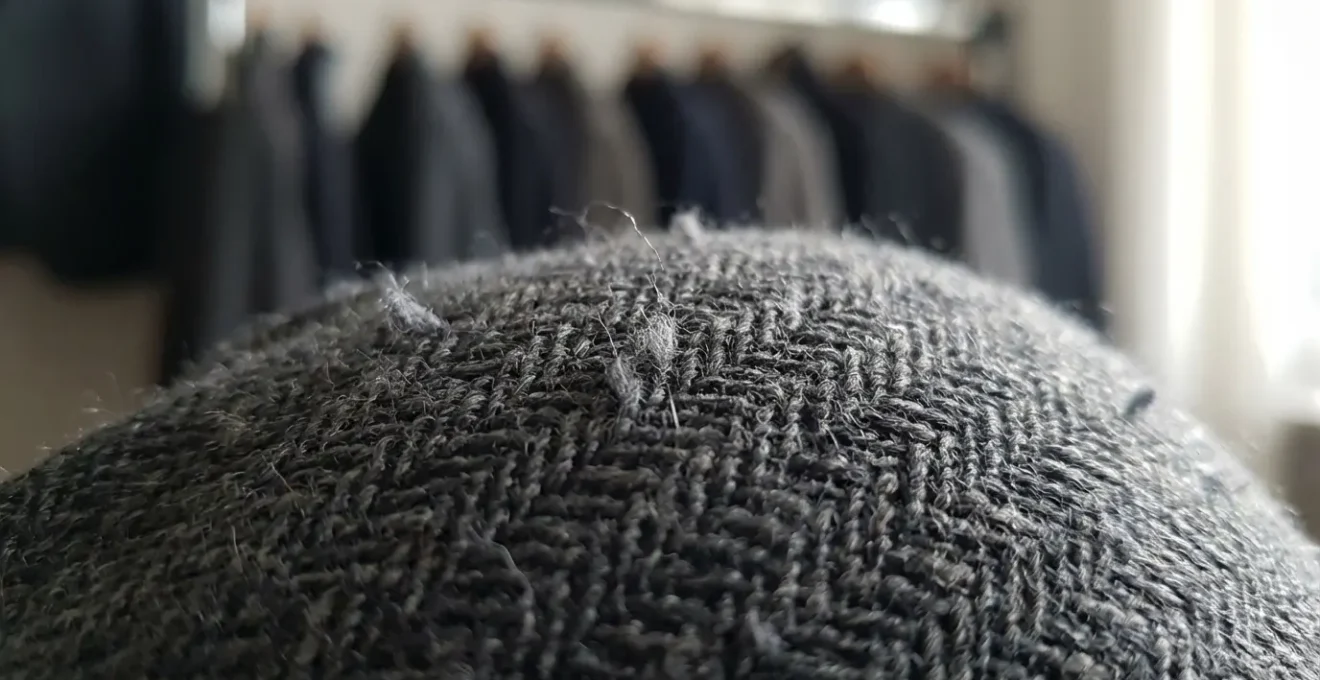 Dettaglio ravvicinato di pantaloni formali in lana con texture visibile e cuciture di alta qualità