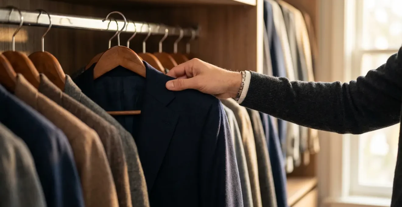 Vista laterale di abiti appesi con spazi strategici per la rotazione e il riposo delle fibre