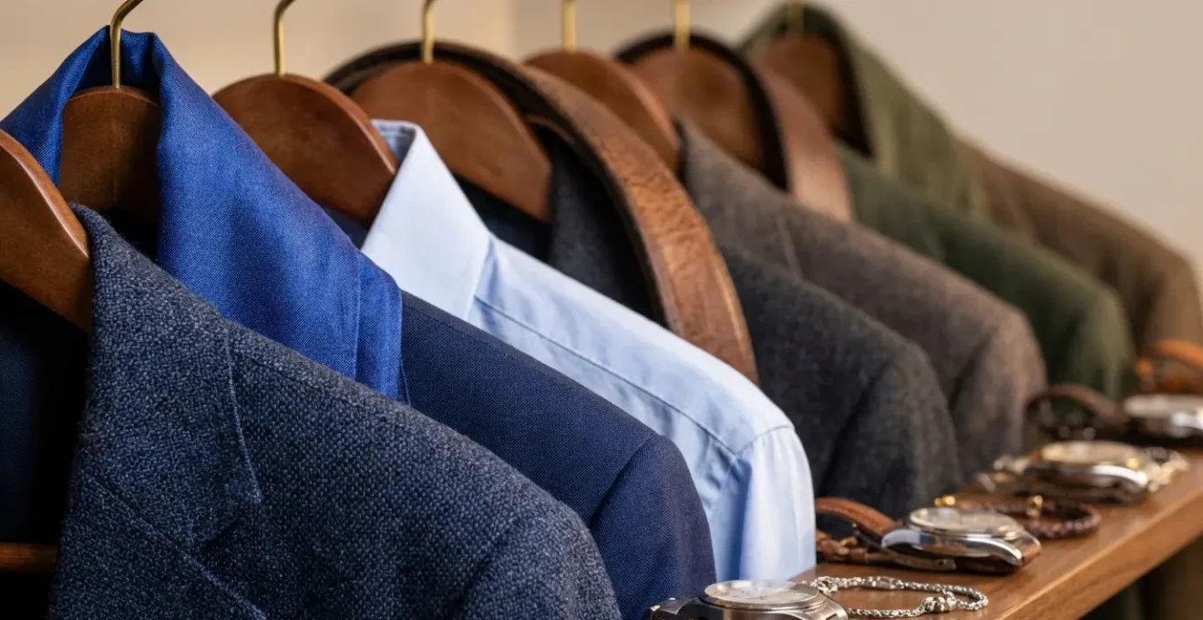 Cinque outfit completi appesi su grucce con accessori coordinati per la settimana lavorativa