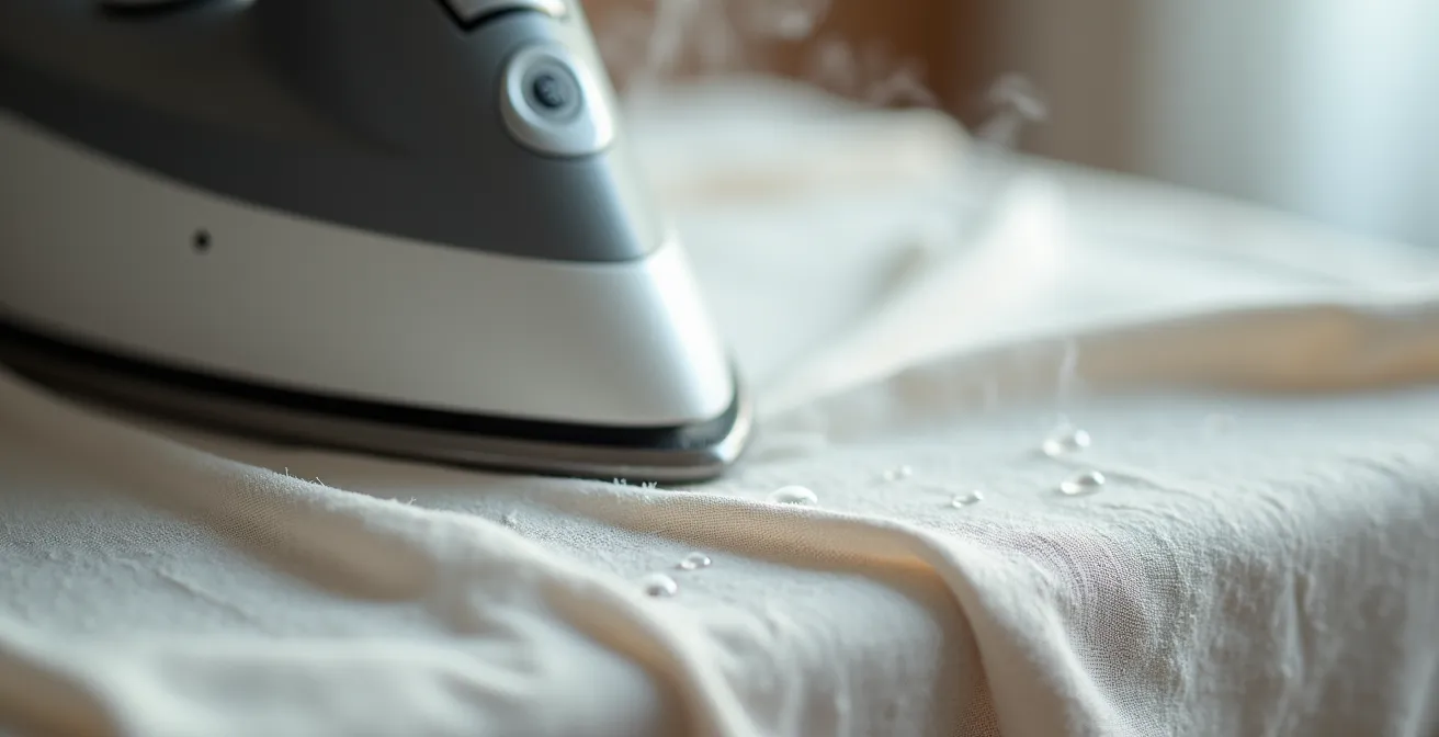 Dettaglio ravvicinato della stiratura del lino con vapore