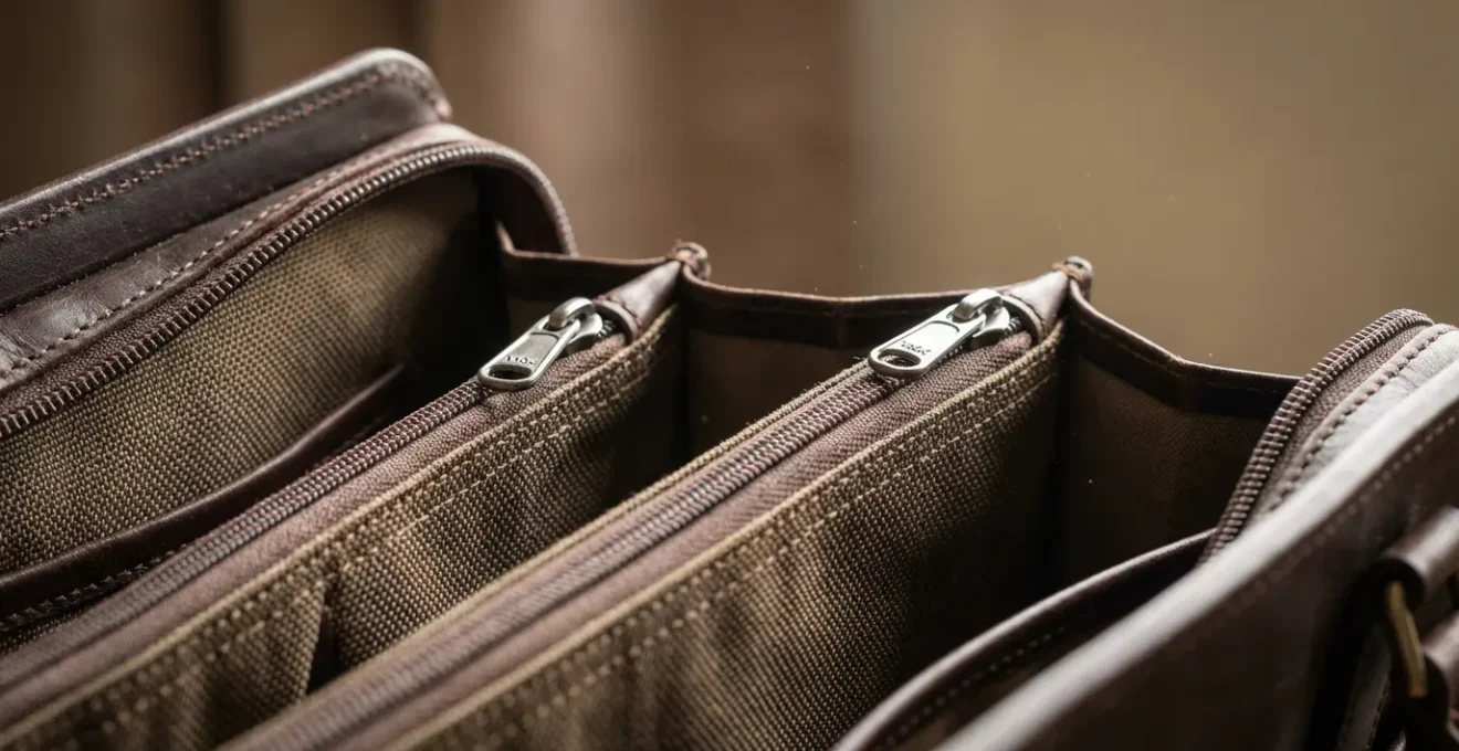 Dettaglio macro delle tasche interne di una borsa in pelle ben organizzata