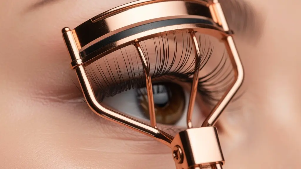 Primo piano macro di ciglia perfettamente curvate con piegaciglia professionale su sfondo neutro