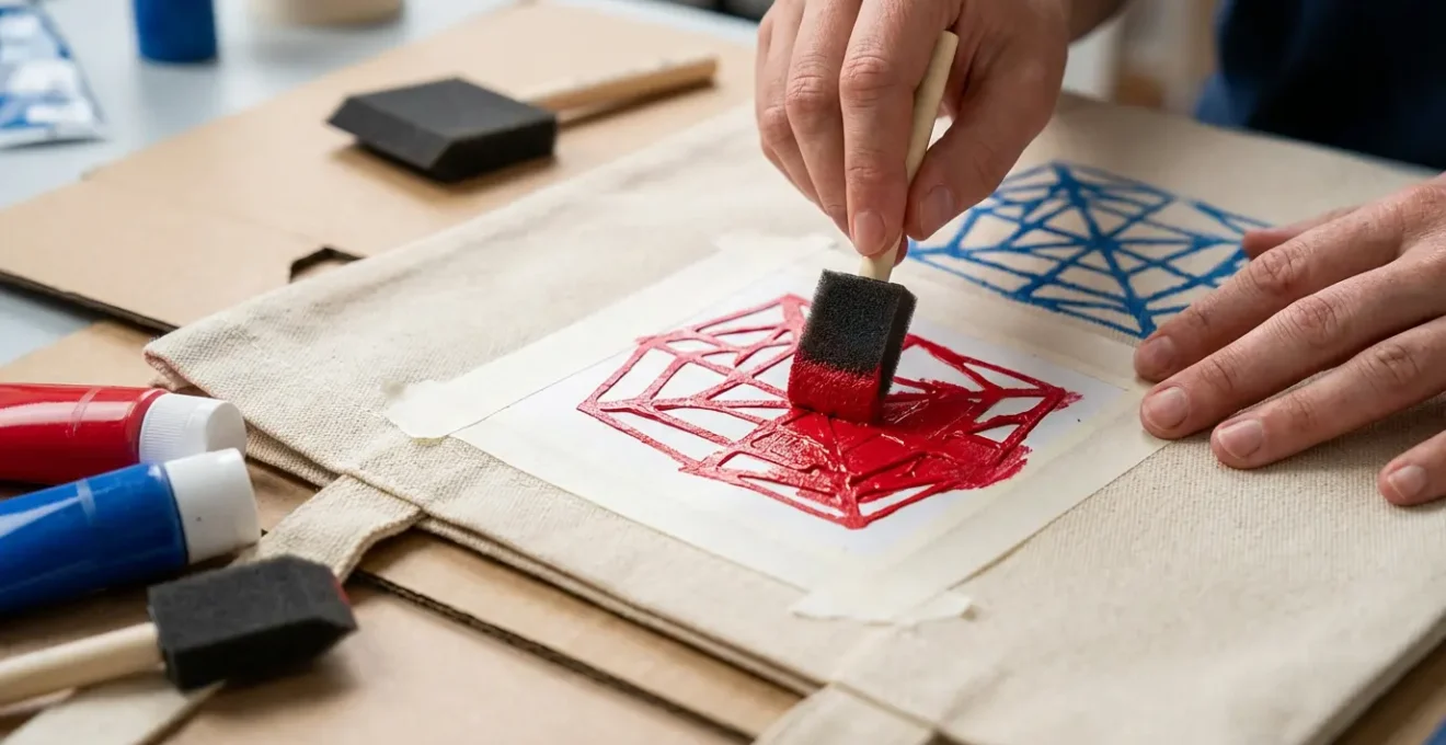 Mani che applicano colori su tote bag con tecnica stencil e pattern geometrici