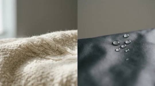 Confronto visivo tra tessuti in cotone naturale e fibre tecniche sintetiche