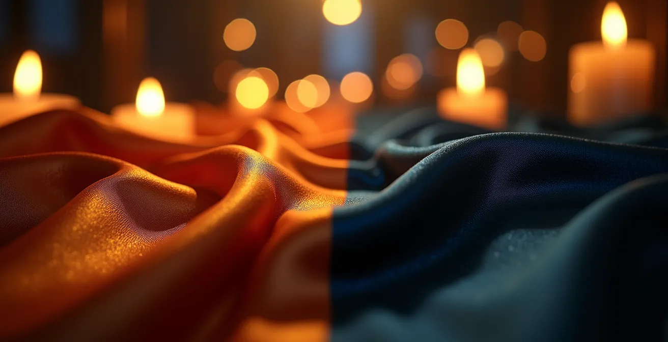 Confronto visivo tra raso riflettente e velluto assorbente sotto luci serali