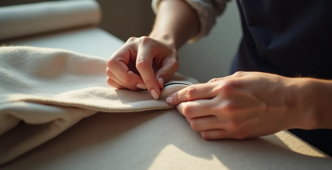 Mani che eseguono il test di tensione su una cucitura di alta qualità