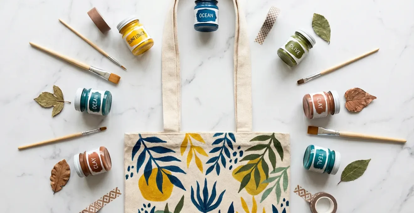 Vista dall'alto di una tote bag in tela con pennelli, colori per tessuto e stencil disposti artisticamente