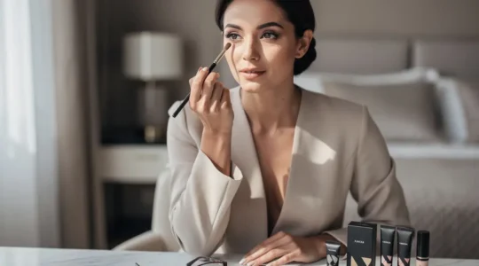 Donna elegante che applica il trucco occhi davanti allo specchio con occhiali da vista posati sul tavolo accanto a prodotti cosmetici