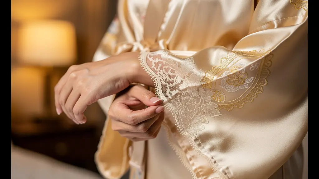 Dettaglio di mani femminili che aggiustano una manica di una vestaglia in seta, lasciando intravedere della lingerie in pizzo sottostante