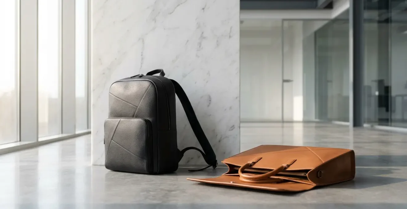 Confronto visivo tra zaino in pelle e cartella classica in ambiente lavorativo moderno