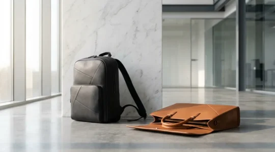 Confronto visivo tra zaino in pelle e cartella classica in ambiente lavorativo moderno