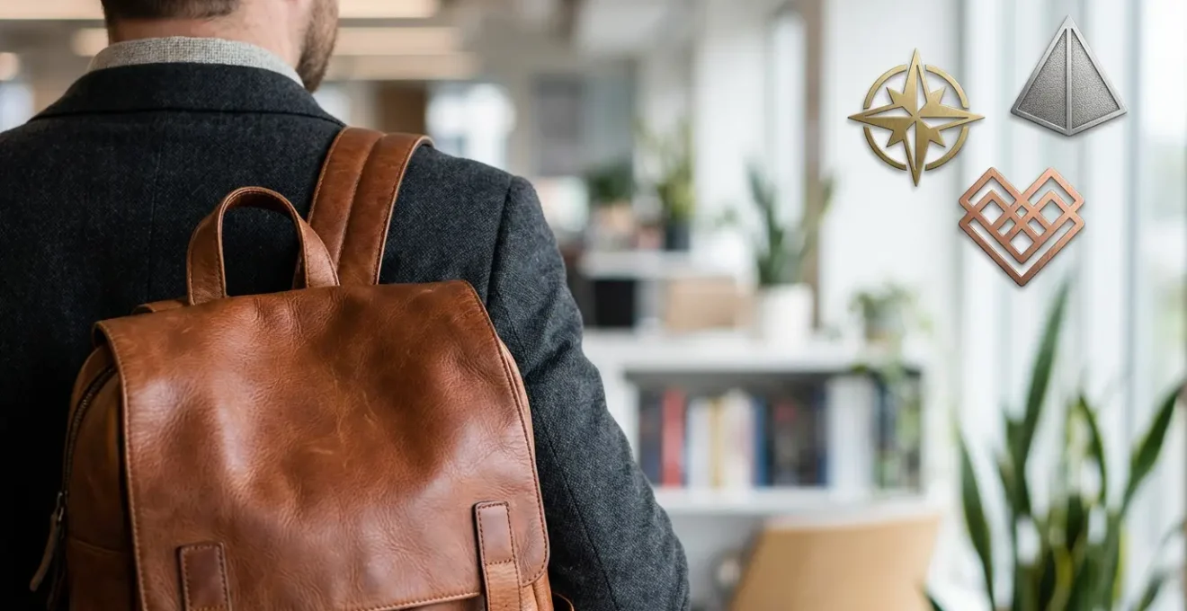 Zaino in pelle di qualità con un piccolo cluster di 3 spille eleganti posizionate strategicamente, ambiente ufficio moderno